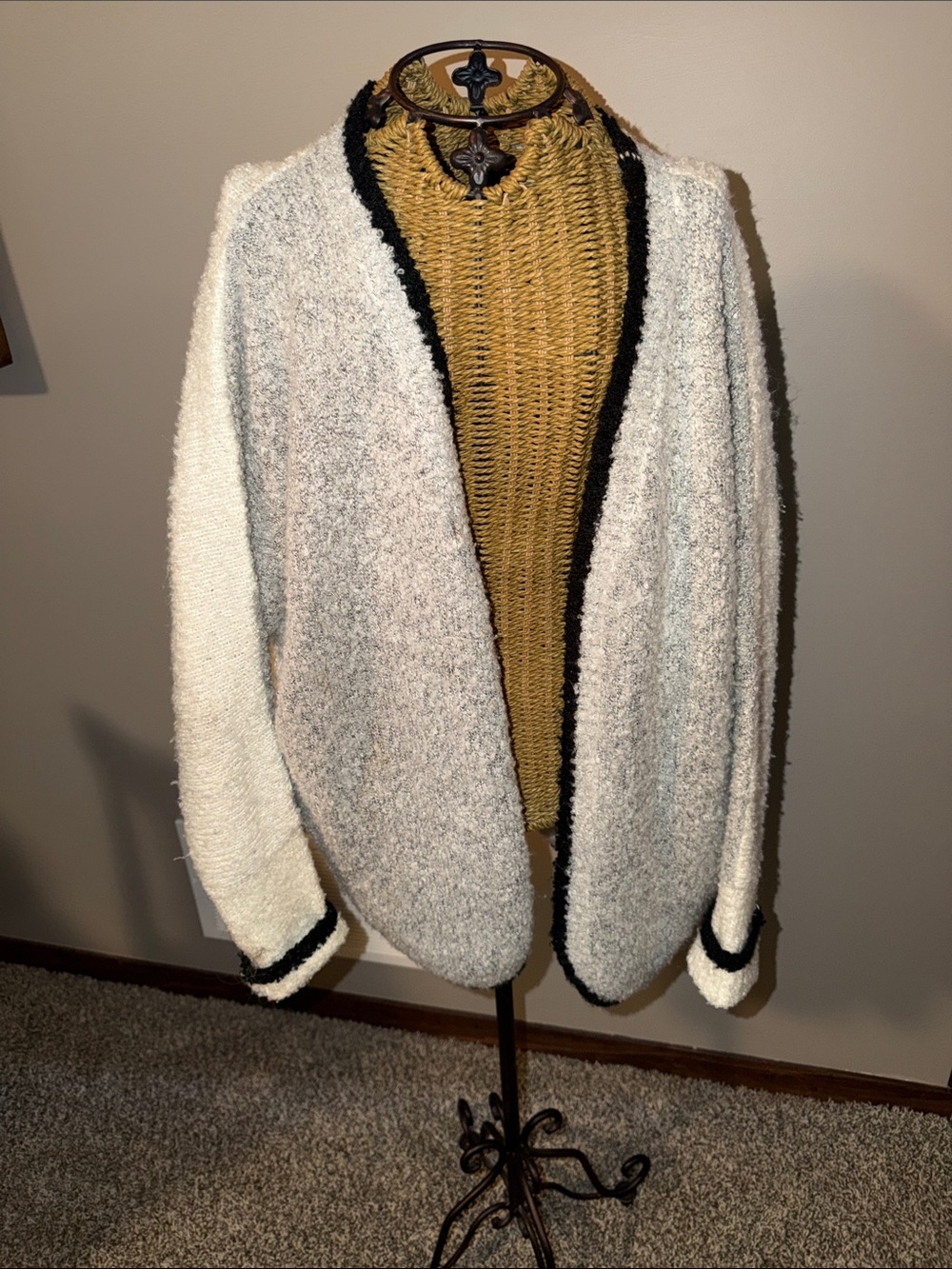 Cozy Cream Open-Front Women's Sweater with Black Trim